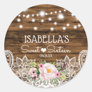 Sticker Rond Lumières Bois Floral et dentelle Sweet 16 Merci