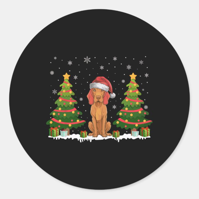 Sticker Rond Lumières de l'arbre de Noël Vizsla Chien Santa Hat (Devant)