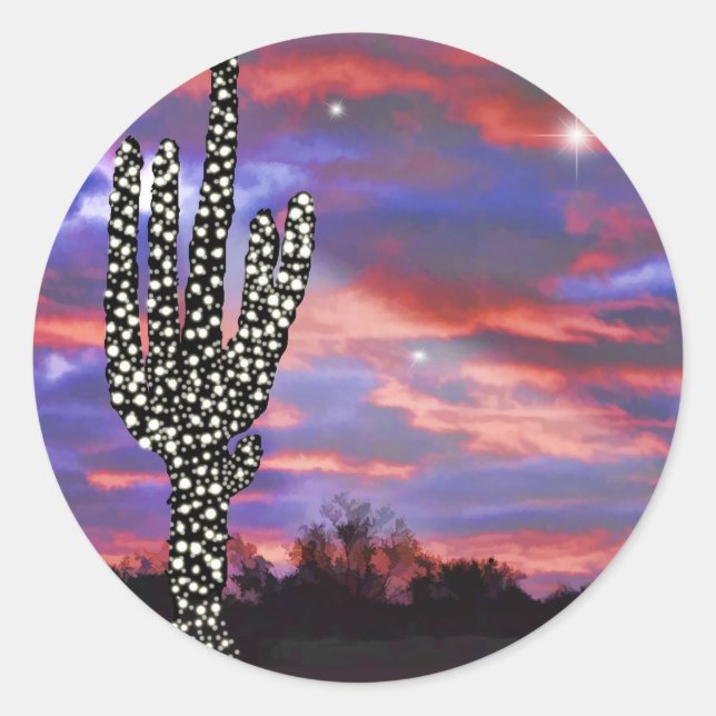 Sticker Rond Lumières de Noël dans le désert Saguaro Cactus (Devant)