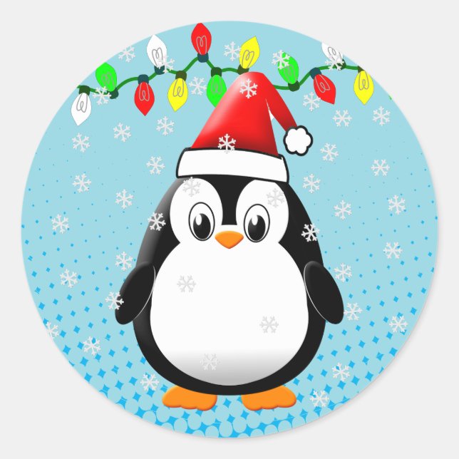 Sticker Rond Lumières de Noël de Pingouin en Carton mignon (Devant)