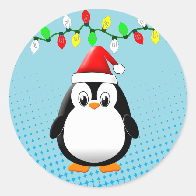 Sticker Rond Lumières de Noël de Pingouin en Carton mignon (Devant)