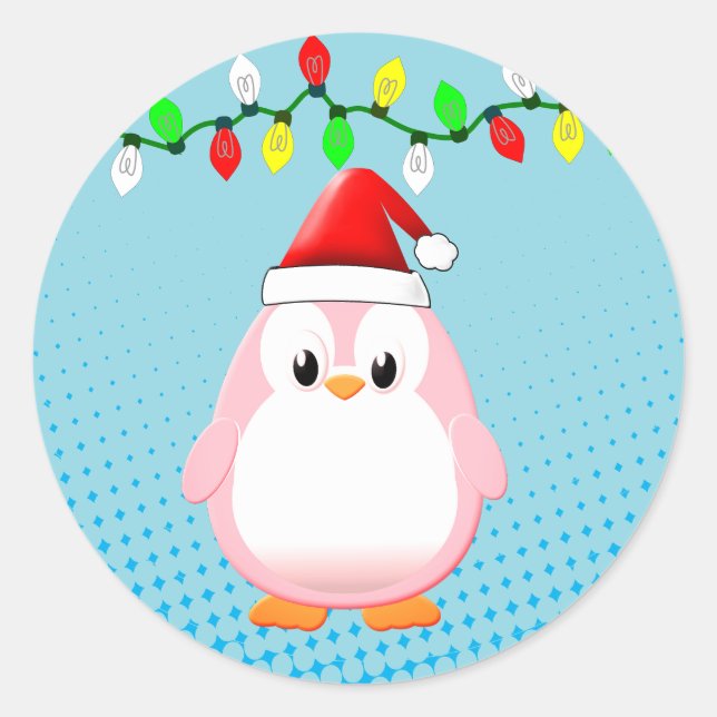 Sticker Rond Lumières de Noël de Pingouin en Carton mignon (Devant)