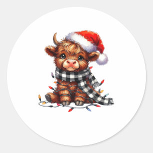 Sticker Rond Lumières de Noël Highland Cow Baby Noël Light