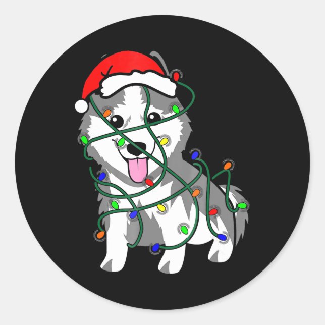 Sticker Rond Lumières de Noël Husky Décoration drôle Husky (Devant)