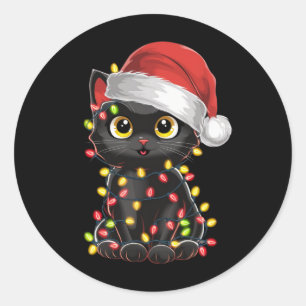 Sticker Rond Lumières de sapin de Noël chat noir drôle de chato