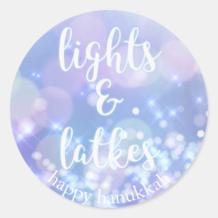 Sticker Rond Lumières & Latkes - Blue Sparkles Happy Hanoukka