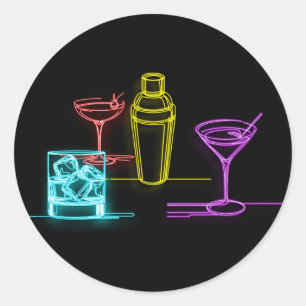 Sticker Rond Lumières Néon Colorées Cocktails 21e Anniversaire