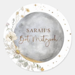 Sticker Rond Lune Céleste, Chauve-Souris Argent, Blanche et Or