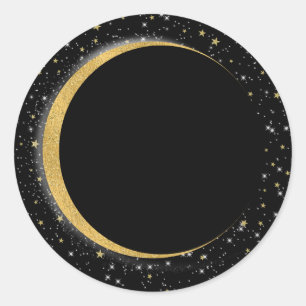 Sticker Rond Lune Céleste Étoiles Noires et Dorées Nuit Lunaire