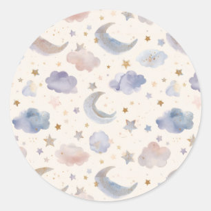 Sticker Rond Lune Céleste Étoiles Nuages Pastel Lavande