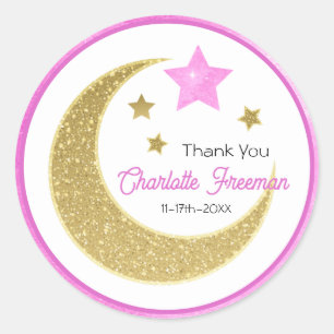Sticker Rond Lune et étoiles Aquarelle Baby shower Merci