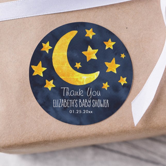 Sticker Rond Lune et étoiles Aquarelle Baby shower Whimsical (Créateur téléchargé)