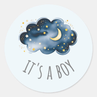 Sticker Rond Lune et Etoiles Bleu C'est Un Garçon Baby Shower