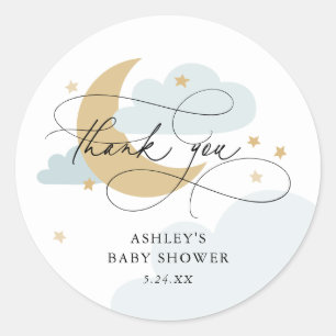 Sticker Rond Lune et étoiles Bleu Script Baby shower Merci C