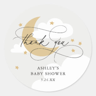 Sticker Rond Lune et étoiles Gris Script Baby shower Merci