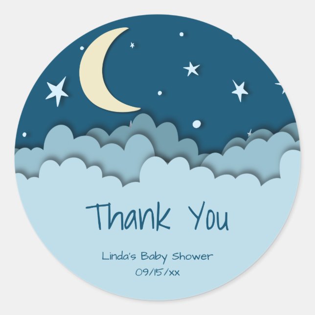 Sticker Rond Lune et étoiles Merci bleu foncé Baby shower (Devant)