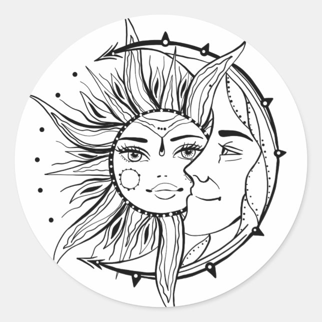 Sticker Rond Lune et soleil. illustration de tatouage de style  (Devant)