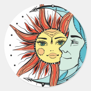 Sticker Rond Lune et soleil. illustration de tatouage de style 