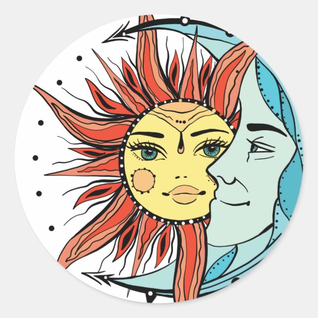 Sticker Rond Lune et soleil. illustration de tatouage de style  (Devant)