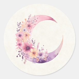 Sticker Rond Lune rose Croissant avec de jolies fleurs