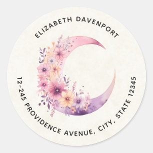 Sticker Rond Lune rose Croissant avec Jolie Fleurs Adresse