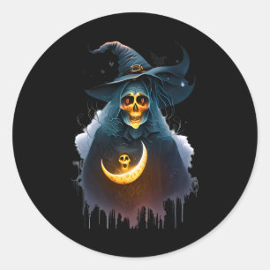 Sticker Rond Lune Sorcière Effrayant