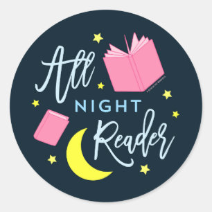 Sticker Rond Lune Stars et livres roses Tous Lecteur de Nuit