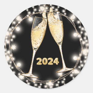 Sticker Rond Lunettes de Champagne de Nouvel An Lumières à cord