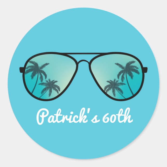 Sticker Rond Lunettes de soleil et palmiers bleus (Devant)