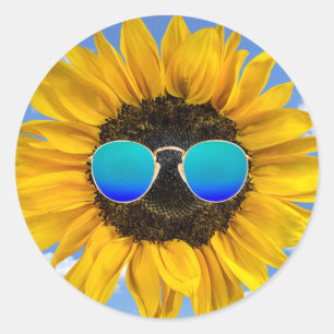 Sticker Rond Lunettes de soleil rétro sur tournesol