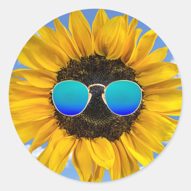 Sticker Rond Lunettes de soleil rétro sur tournesol (Devant)