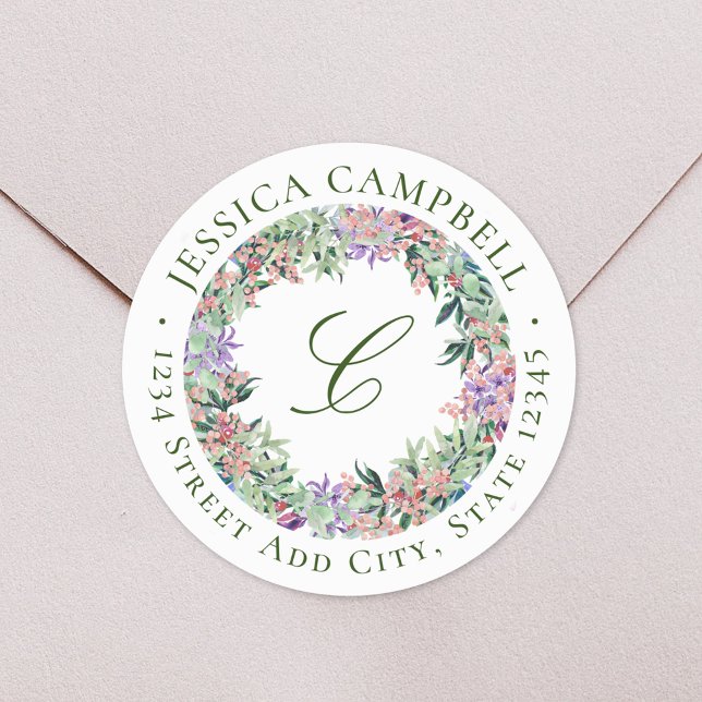 Sticker Rond Luscif Floral Wreath Monogramme Adresse de retour (Créateur téléchargé)