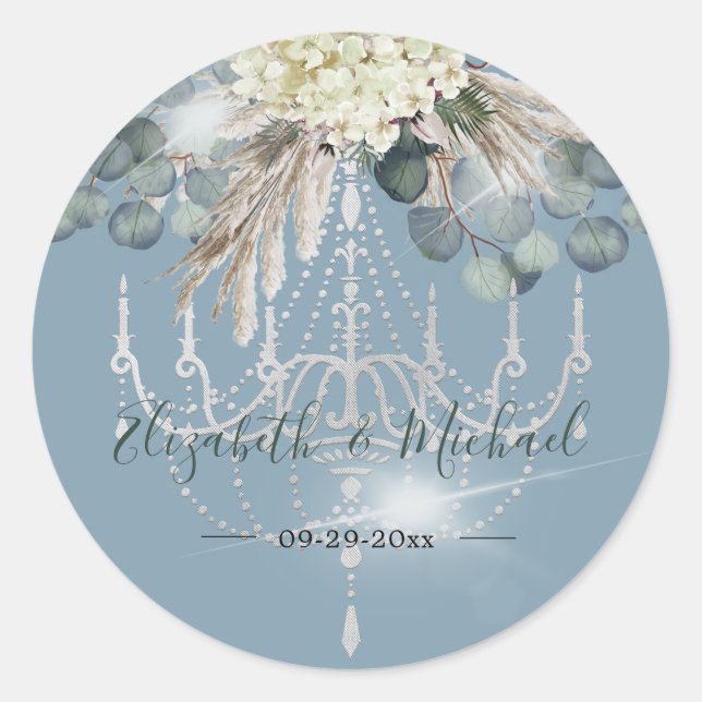 Sticker Rond Lustre Floral bleu Eucalyptus Mariage élégant (Devant)