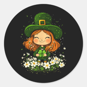 Sticker Rond Lutin Féminin Trèfle Filles Saint-Patrick Jour L