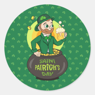 Sticker Rond Lutrin de dessin animé dans un pot d'or tenant un 