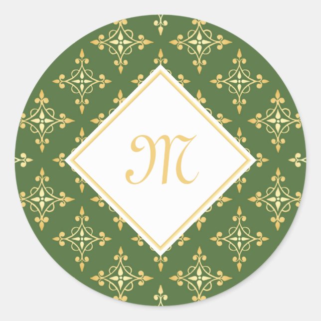 Sticker Rond Luxe Monogramme vert et or Quatre Floral (Devant)