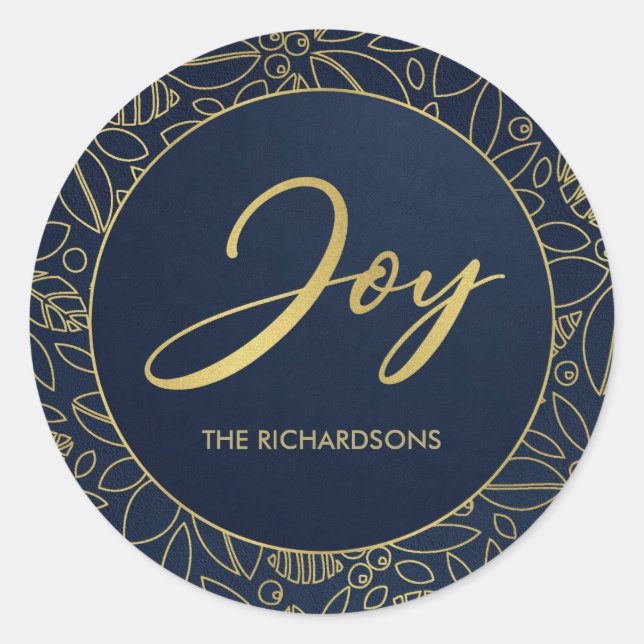 STICKER ROND LUXE NAVY GOLD HOLLY BERRIES CHRISTMAS JOY (Devant)