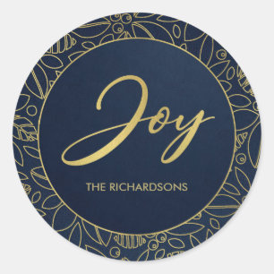 STICKER ROND LUXE NAVY GOLD HOLLY BERRIES CHRISTMAS JOY