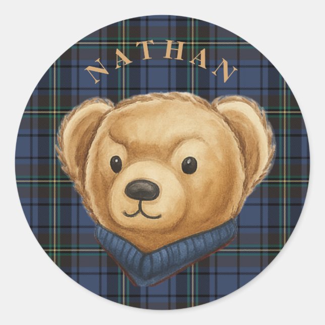 Sticker Rond Luxe Preppy Plaid Teddy Bear Head (Devant)