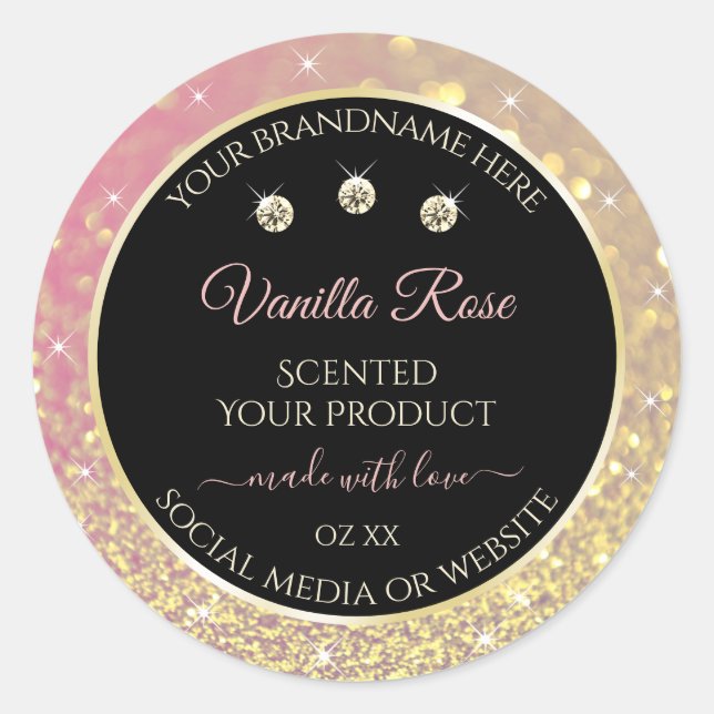 Sticker Rond Luxueux Black Pink Gold Parties scintillant Étique (Devant)