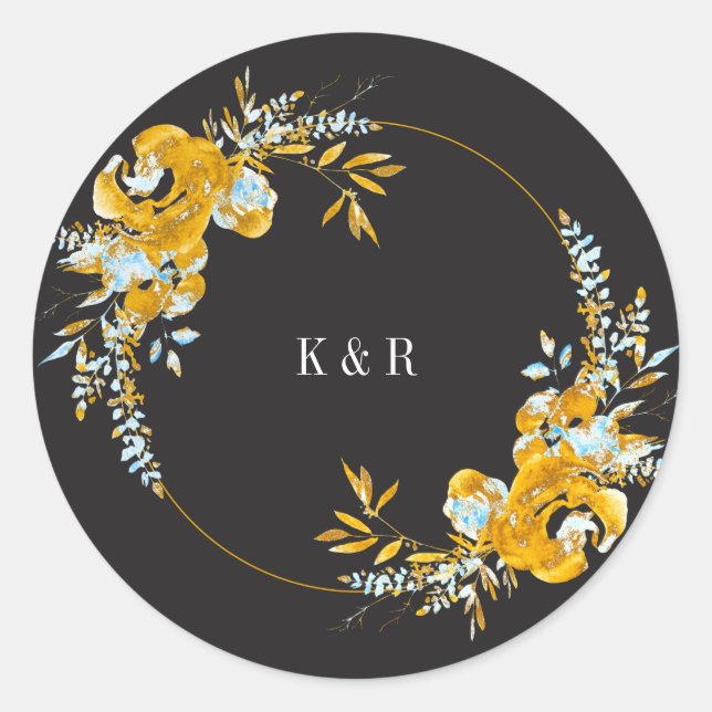 Sticker Rond luxueux mariage monogramme doré turquoise (Devant)
