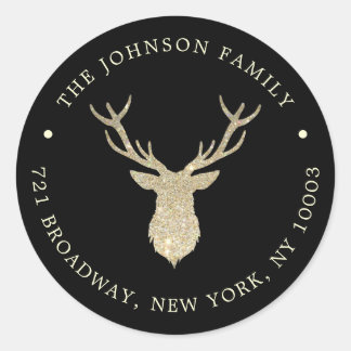 Sticker Rond Luxury Gold Reindeer Black Xmas Return Address