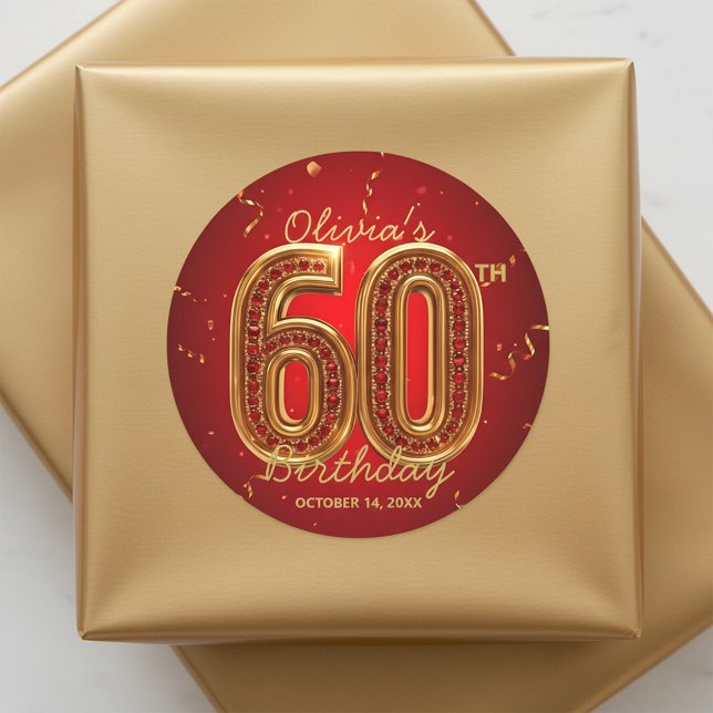 Sticker Rond Luxury Red Gold Ruby Gem Glam 60th Birthday  (Créateur téléchargé)