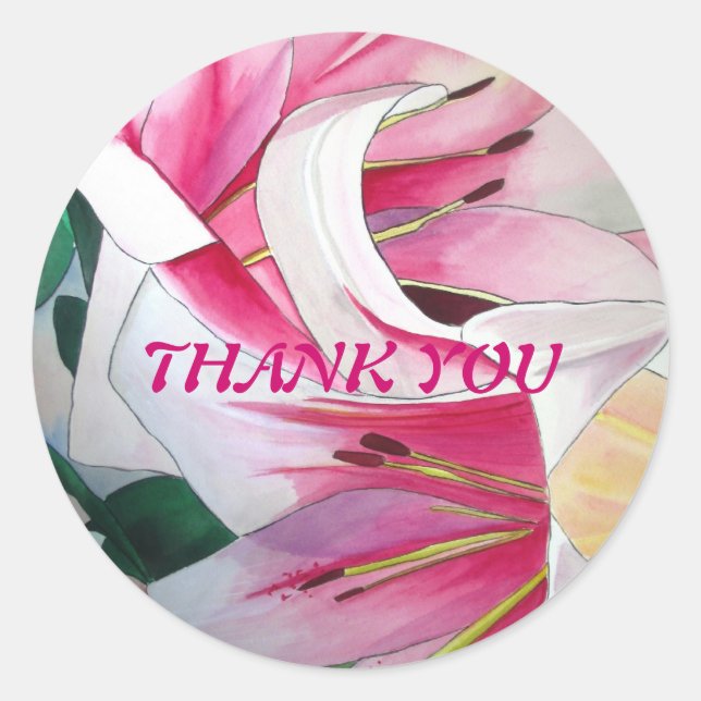 Sticker Rond Lys blanc et rose Triumphator Merci de fleur (Devant)
