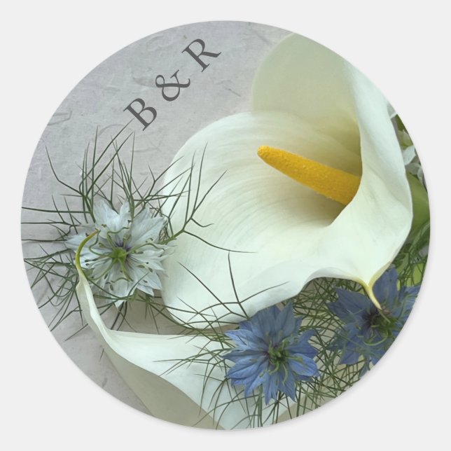 Sticker Rond Lys Calla avec enveloppe de nigella bleue (Devant)