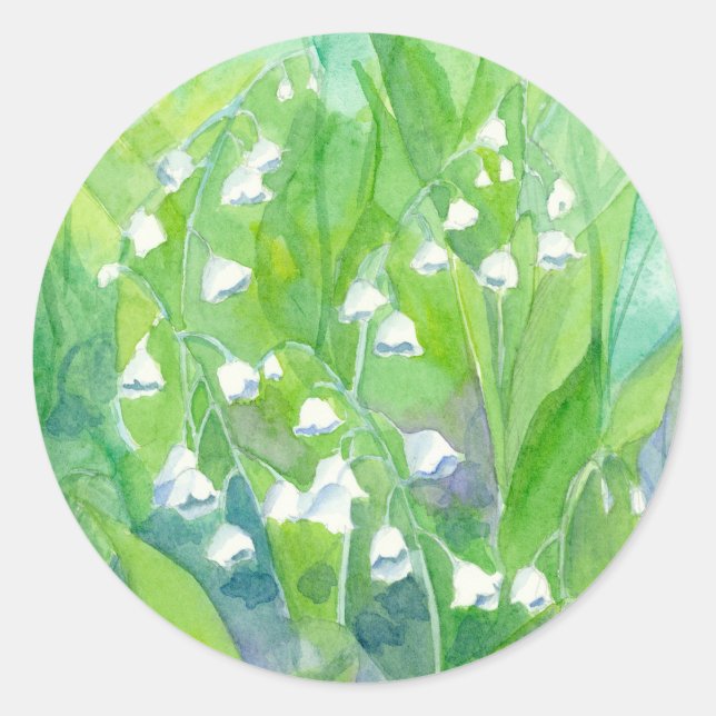 Sticker Rond Lys de la Vallée Mai Fleurs aquarelle Peinture (Devant)