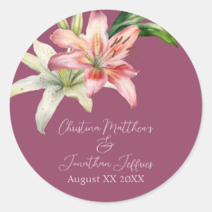 Sticker Rond Lys romantiques roses et blancs sur Fuchsia