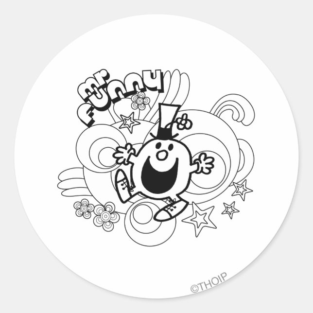 Sticker Rond M. Funny | Black & White Swirls & Stars (Devant)