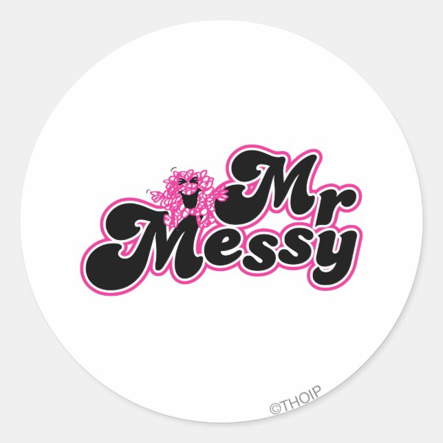 Sticker Rond M. Messy | Grandes lettres noires et roses (Devant)