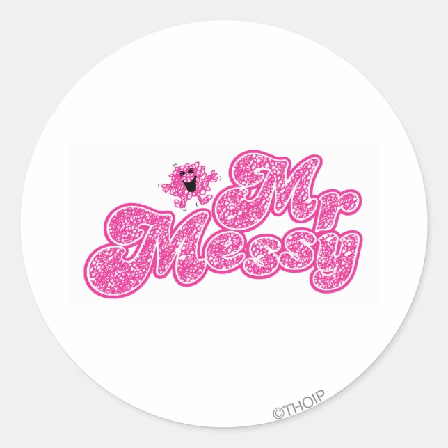 Sticker Rond M. Messy | Nom rose étincelant (Devant)